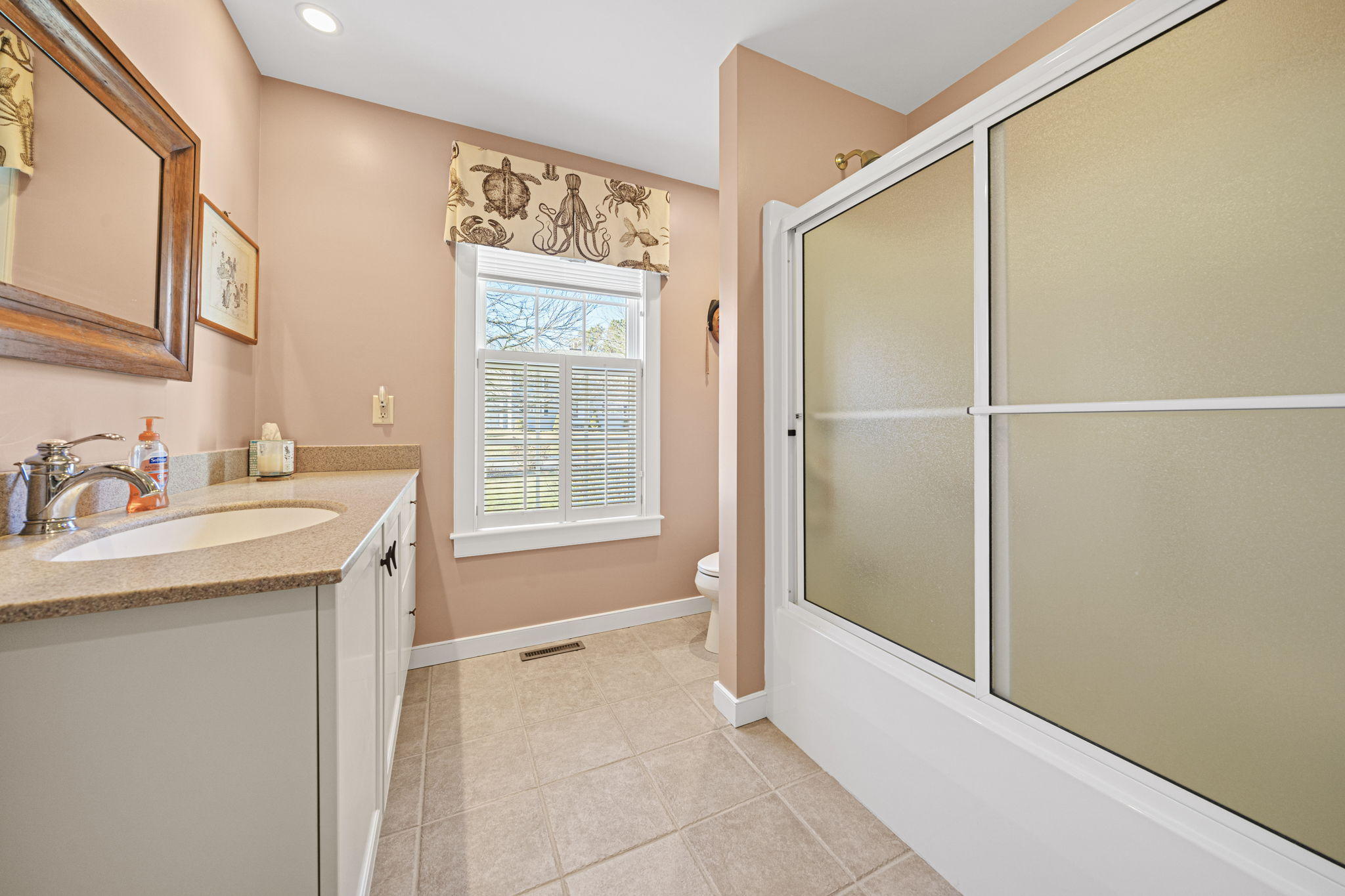 46 Lookout Road Yarmouth Port, MA 02675 - Photo 40 of 49 a bathroom with a granite countertop sink a mirror and a bathtub