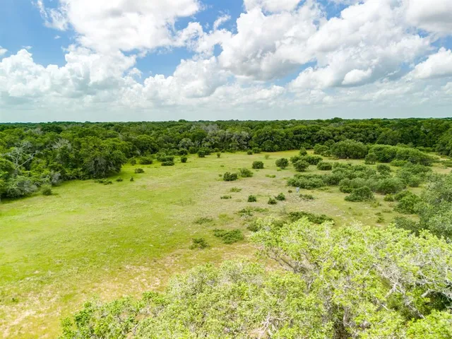 a aerial view of lake with green space