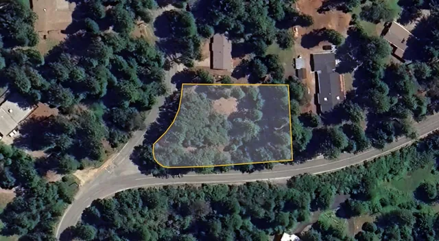 an aerial view of a residential houses with outdoor space and trees