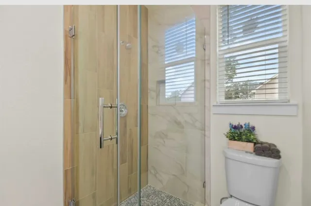 a bathroom with a shower and a toilet