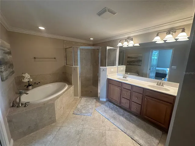 a bathroom with a tub sink shower and mirror
