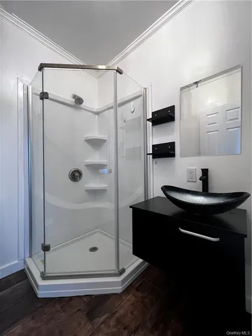 a bathroom with a shower sink and mirror