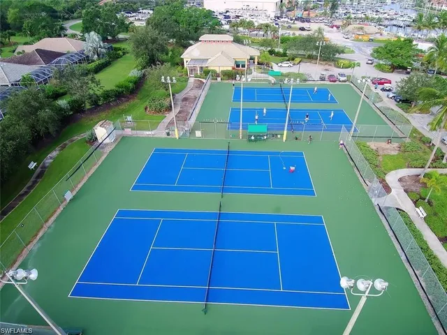 an aerial view of a swimming pool