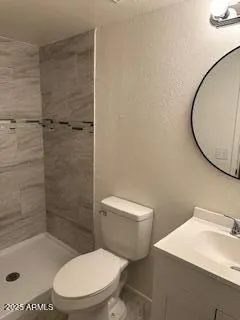 a bathroom with a shower and toilet