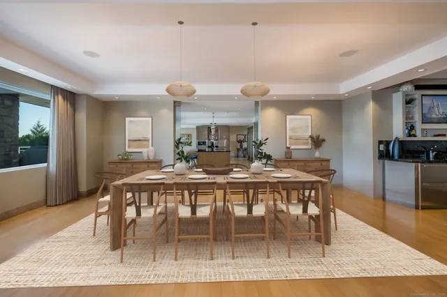 a view of a dining room with furniture