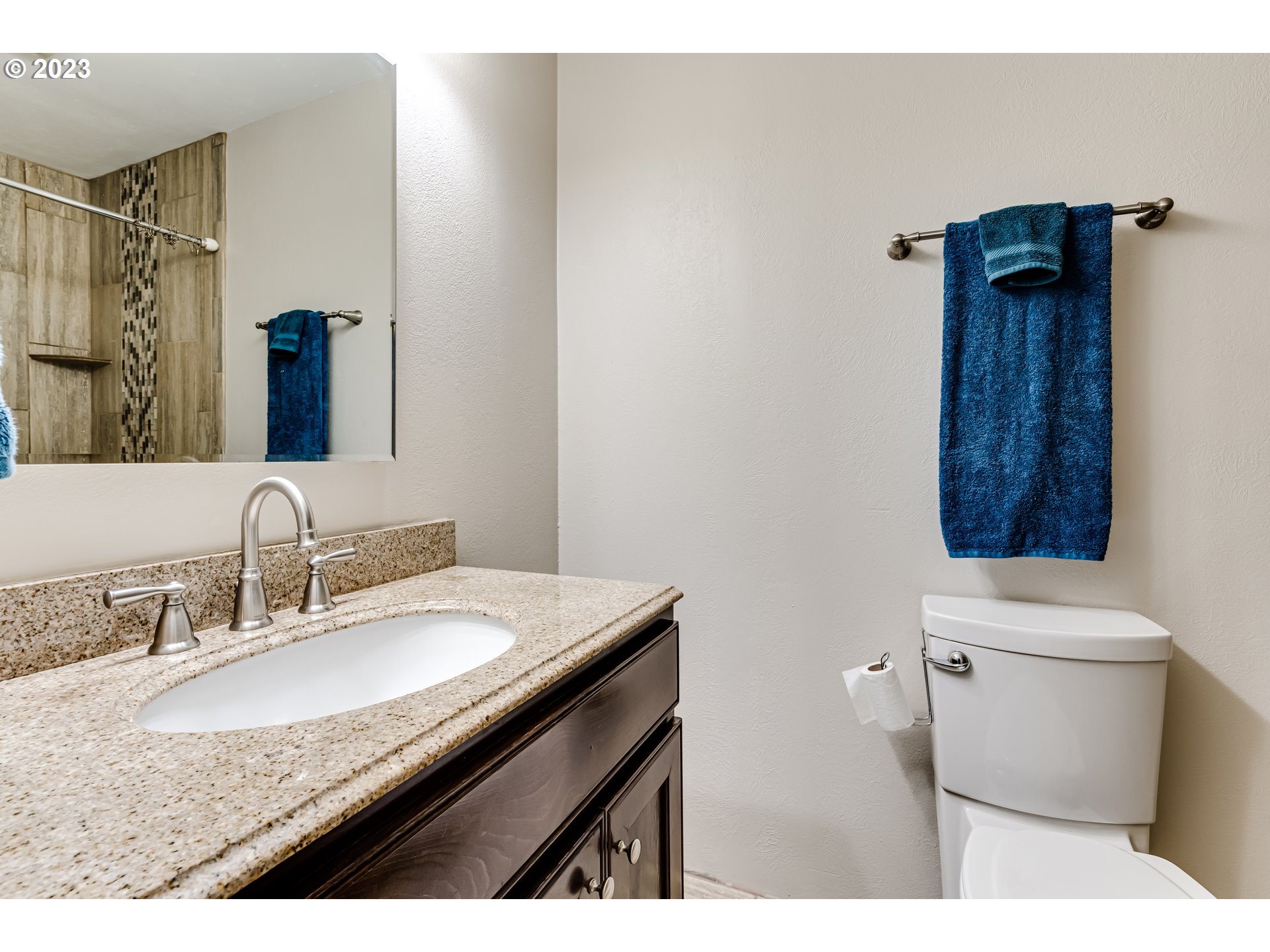 833 Elm Drive Eugene, OR 97404 - Photo 14 of 20 a bathroom with a granite countertop sink a toilet and a mirror