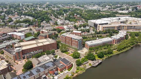 an aerial view of a house with a garden