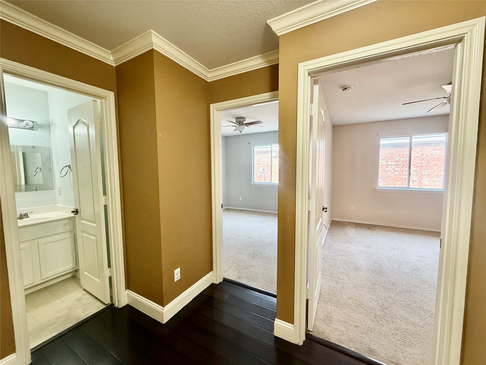12820 Waynespur Lane Elgin, TX 78621 - Photo 19 of 26 Hallway featuring crown molding, dark wood finished floors, and a textured ceiling