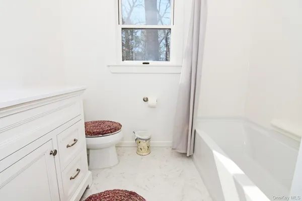 a bathroom with a granite countertop toilet a sink and a bathtub
