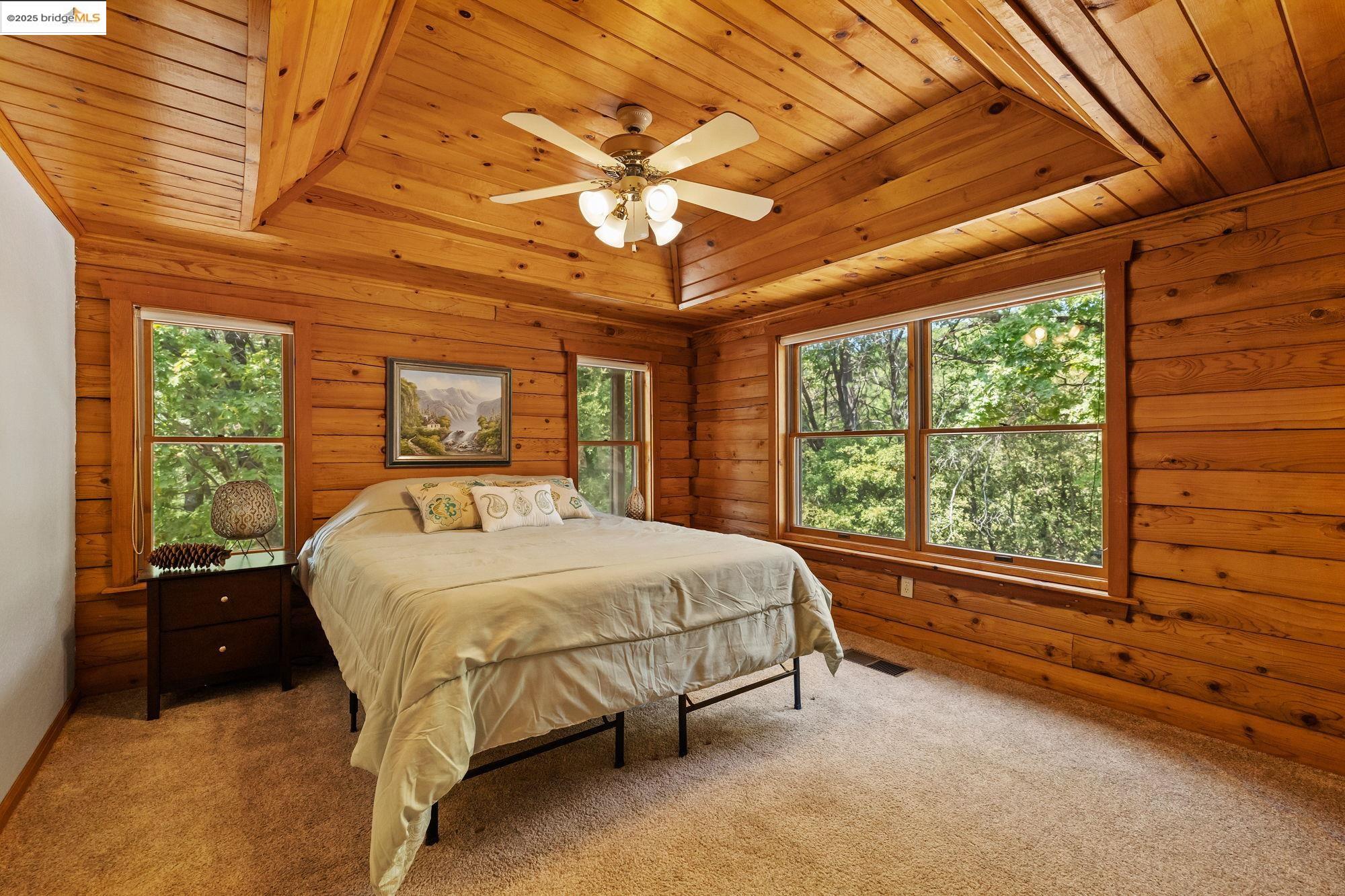 14799 Big Hill Road Sonora, CA 95370 - Photo 22 of 60 Bedroom with wooden ceiling, carpet flooring, ceiling fan, and a raised ceiling
