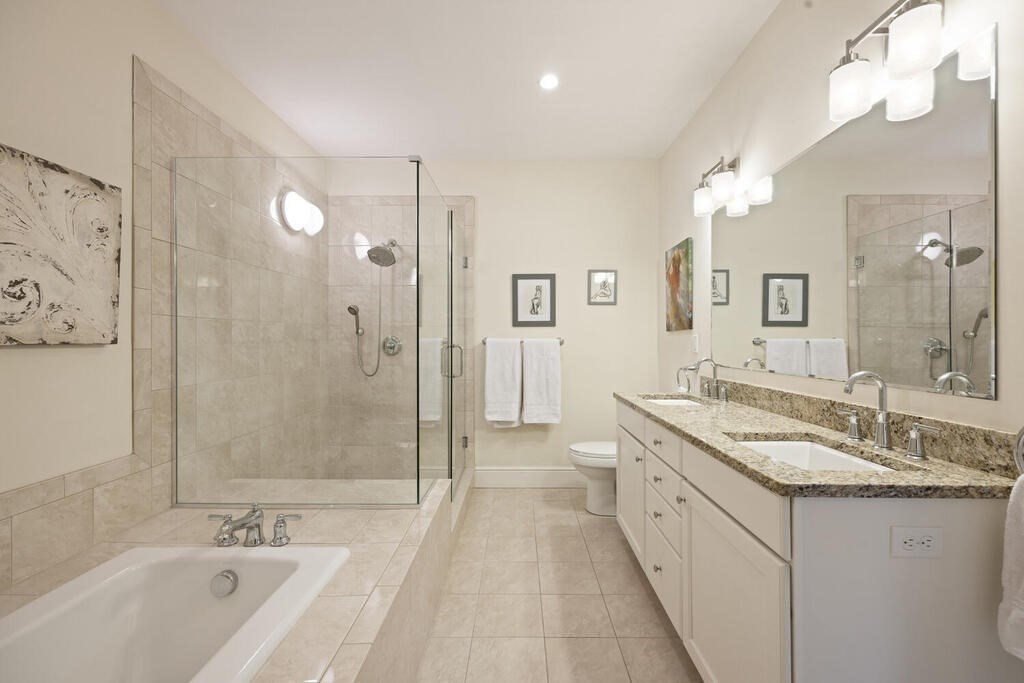 23 Courtyard Place, Unit 23 Lexington, MA 02420 - Photo 14 of 28 a spacious bathroom with a granite countertop tub sink shower and mirror