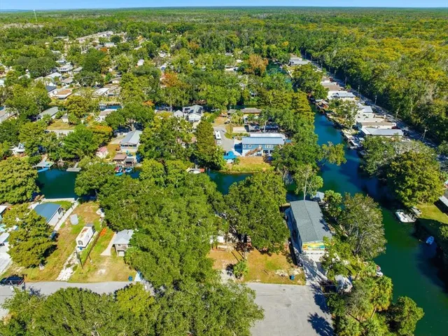 an aerial view of residential houses with outdoor space and trees