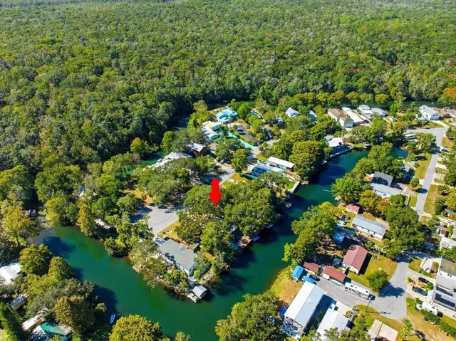 an aerial view of residential houses with outdoor space and trees all around