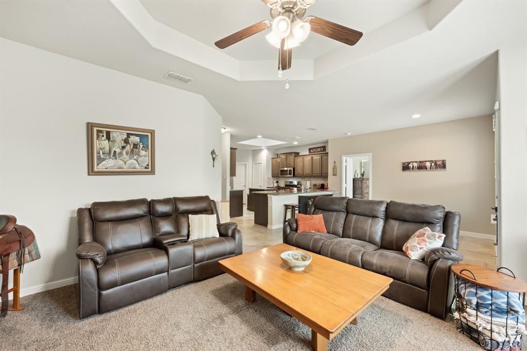 916 Falcon Road Argyle, TX 76226 - Photo 22 of 37 Carpeted living room with a raised ceiling and ceiling fan
