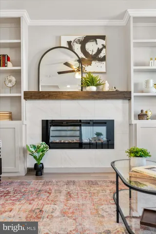 a living room with furniture a fireplace and a potted plant