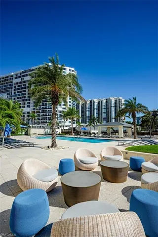 a view of swimming pool with a patio and garden