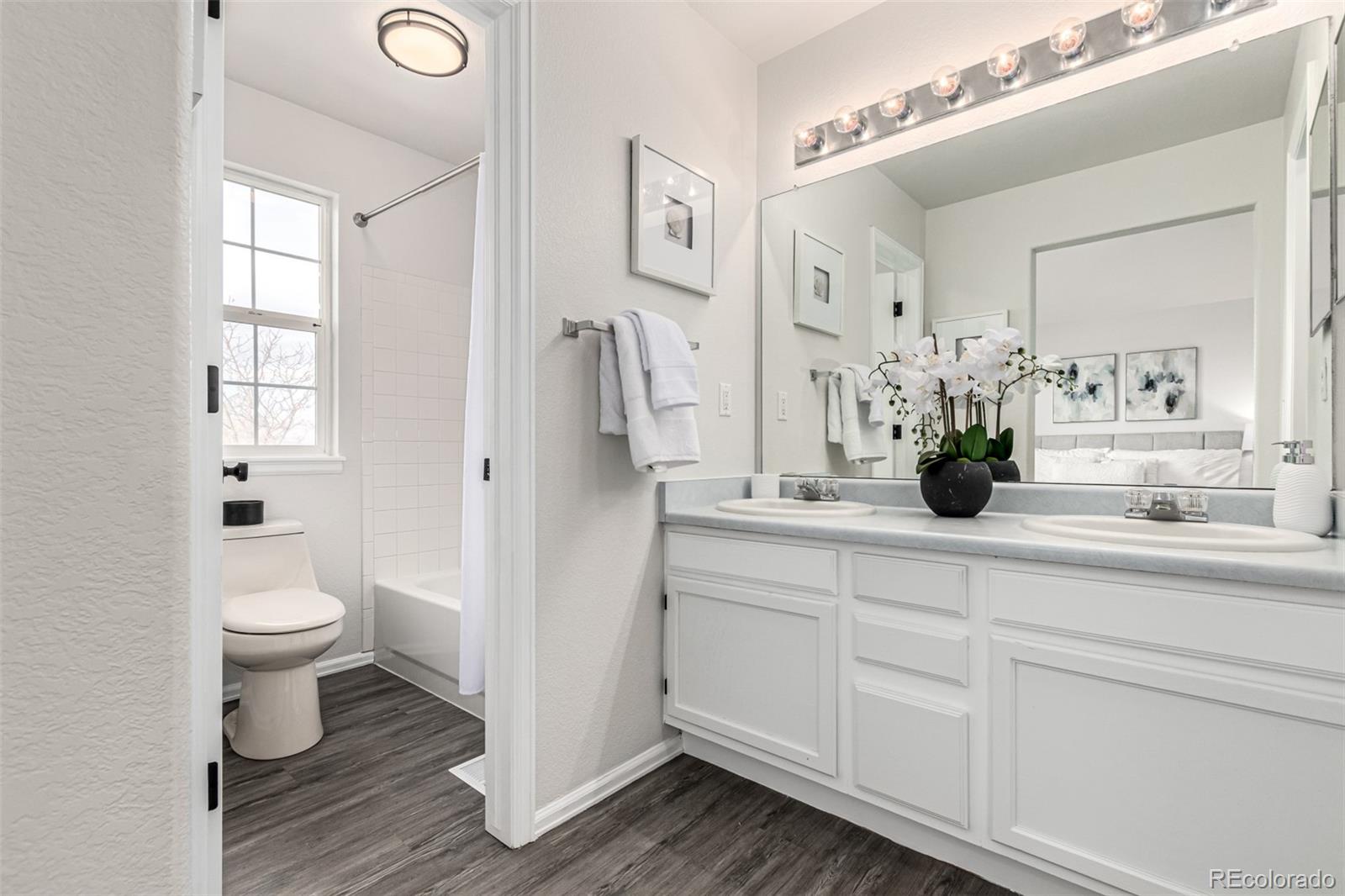 3705 Bucknell Circle Highlands Ranch, CO 80129 - Photo 23 of 42 a bathroom with a toilet a sink and a large mirror