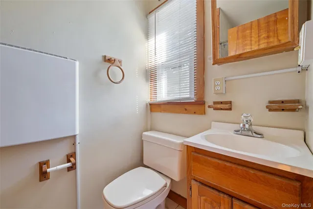 a bathroom with a toilet sink vanity and mirror