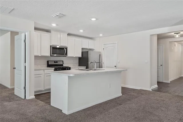 a kitchen with appliances a sink and cabinets