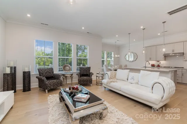 a living room with furniture a rug and kitchen view