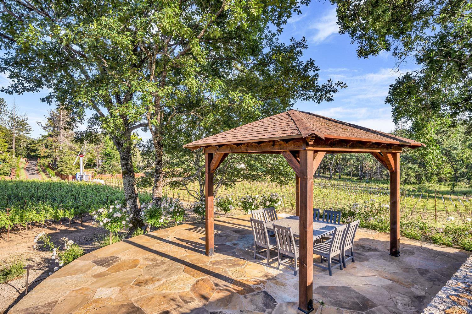 875 White Cottage Road North Angwin, CA 94508 - Photo 25 of 59 a view of a patio with a table chairs and a backyard