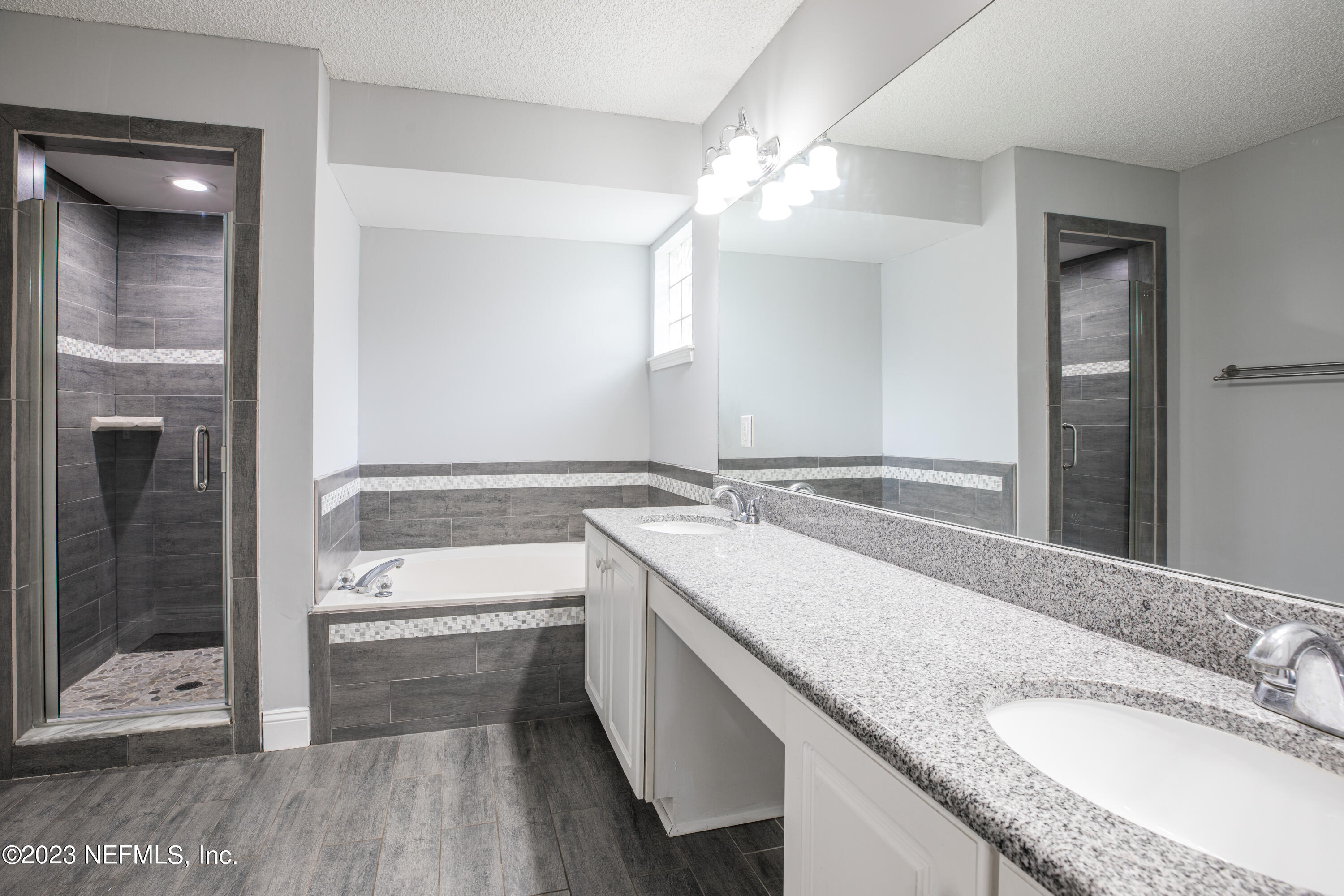 13607 Capistrano Drive South Jacksonville, FL 32224 - Photo 16 of 24 a bathroom with a granite countertop sink a large mirror and a bathtub