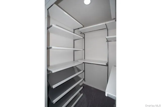 a walk in closet with wooden floor