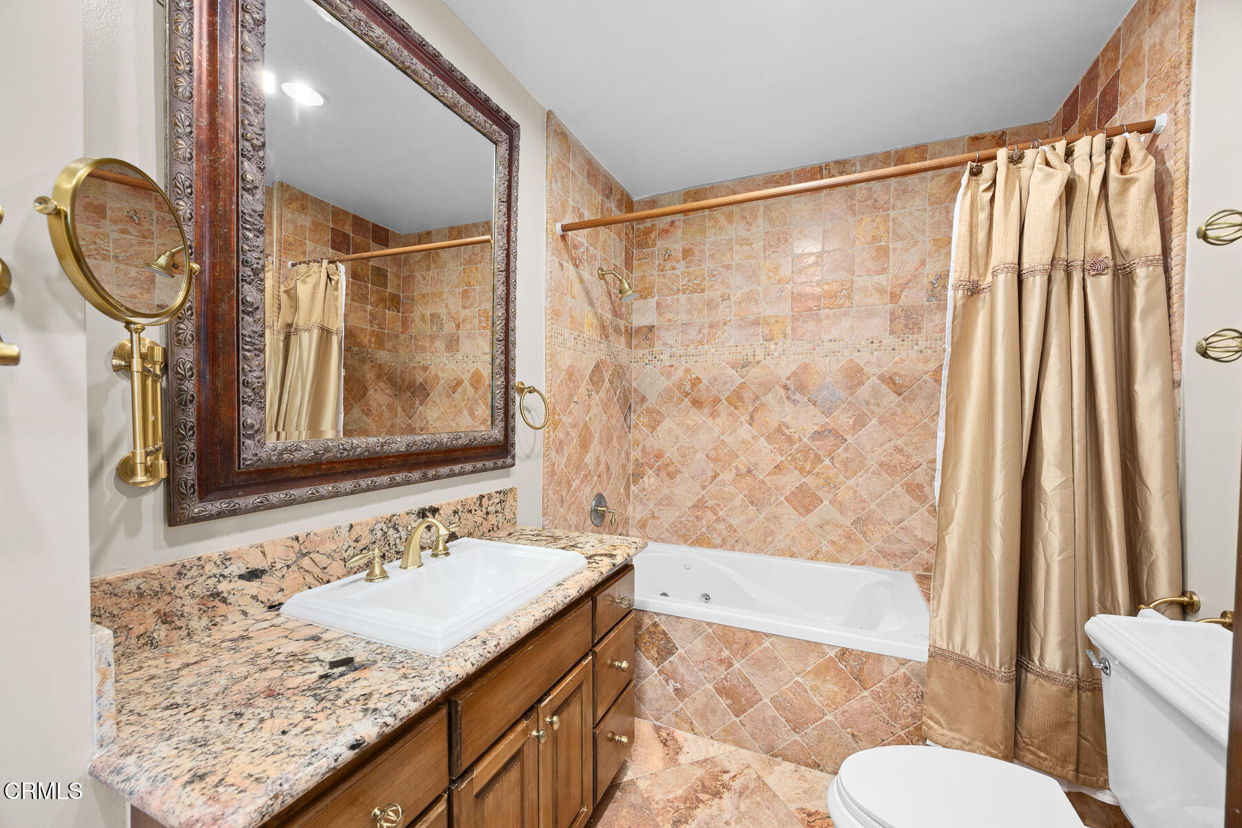 450 Allendale Road Pasadena, CA 91106 - Photo 33 of 57 a bathroom with a granite countertop sink toilet and shower