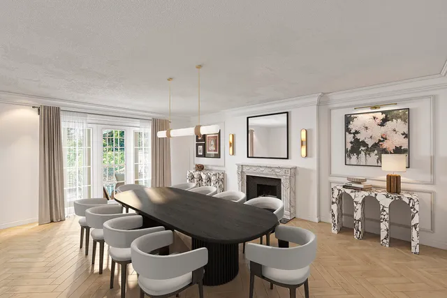 a living room with furniture a fireplace and a table