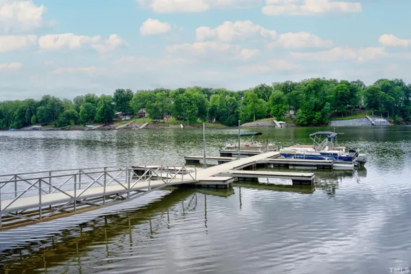 a view of a lake with boats in it