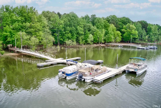 an aerial view of green landscape with trees houses and lake view