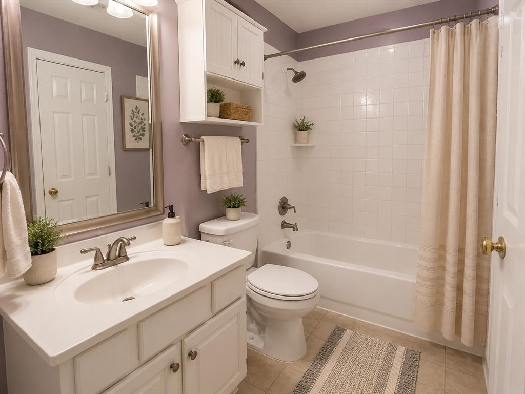 5708 Rickshaw Lane Plano, TX 75094 - Photo 23 of 28 Bathroom featuring a white vanity with integrated sink, brushed nickel faucet, wall-mounted mirror with overhead lighting, white subway tile shower surround with a tub, and tile flooring