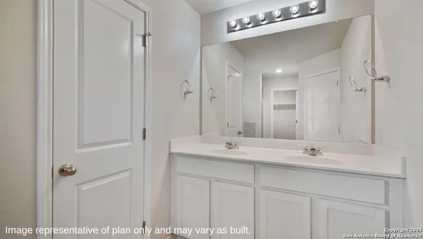 a bathroom with a double vanity sink a mirror and shower