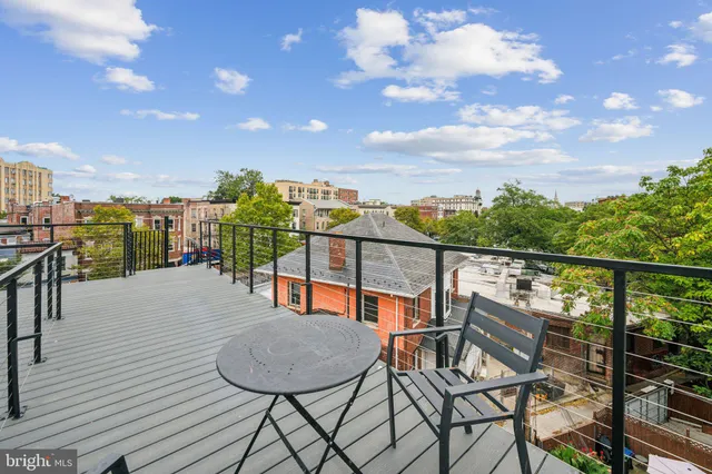 a balcony with a table