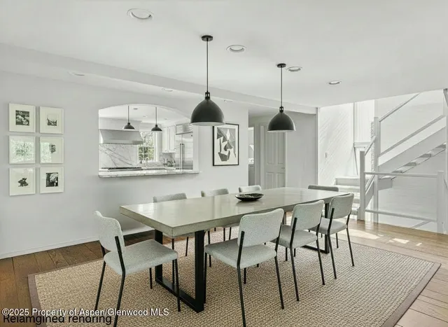 a view of a dining room and a table or chairs