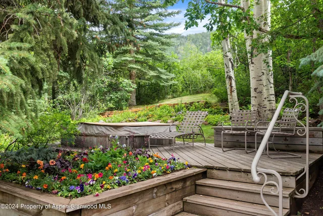 a view of a wooden bench with potted plants