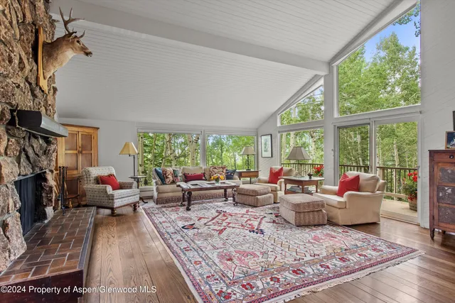 a living room with furniture large window and a rug