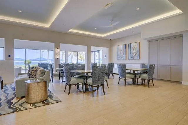a view of a dining room with furniture