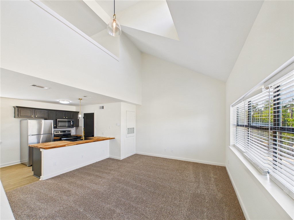 309 Mobile Avenue, Unit 6 Bryan, TX 77801 - Photo 3 of 12 Kitchen featuring hanging light fixtures, light colored carpet, stainless steel appliances, high vaulted ceiling, and a peninsula