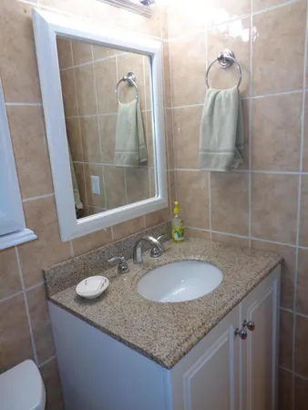 a bathroom with a granite countertop sink a mirror and a shower
