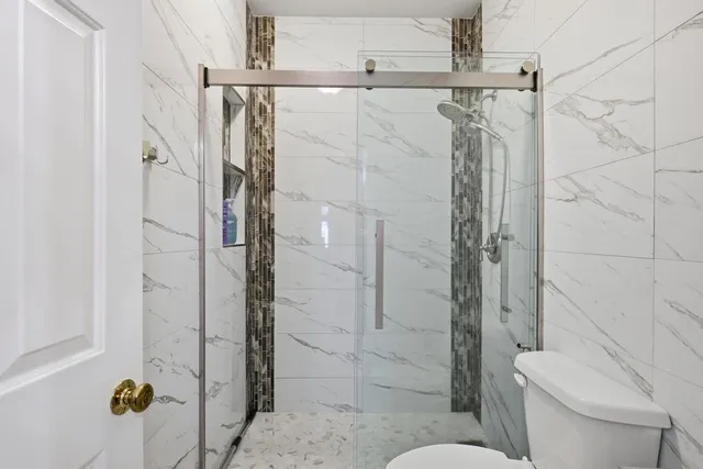 a bathroom with a shower and toilet