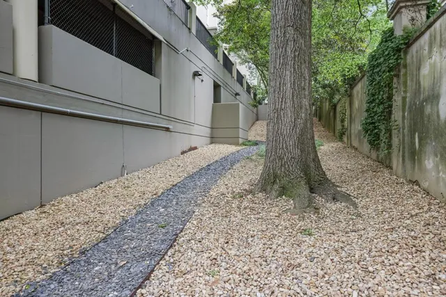 a view of a backyard with large trees