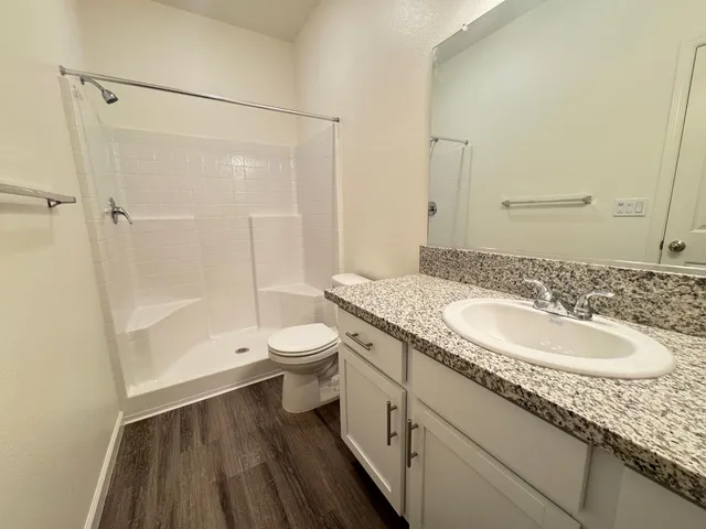 a bathroom with a granite countertop sink a toilet and shower