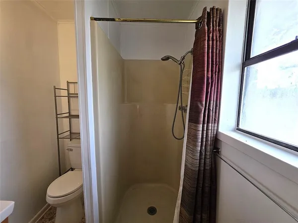 a bathroom with a shower and a toilet