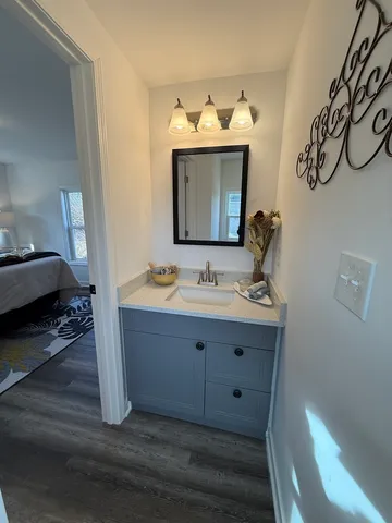 a bathroom with a sink and a mirror