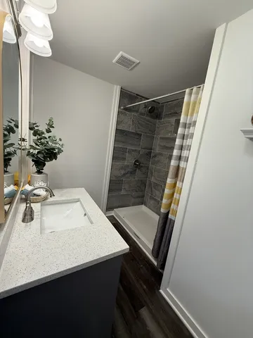a bathroom with a sink mirror and vanity