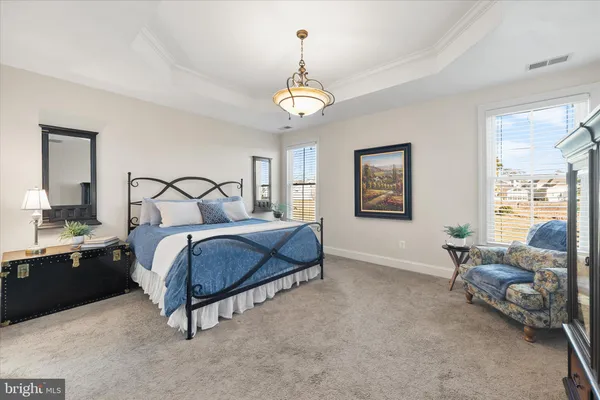 a bedroom with bed and a chandelier