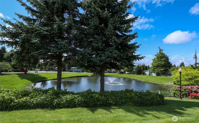 a view of a garden with a lake