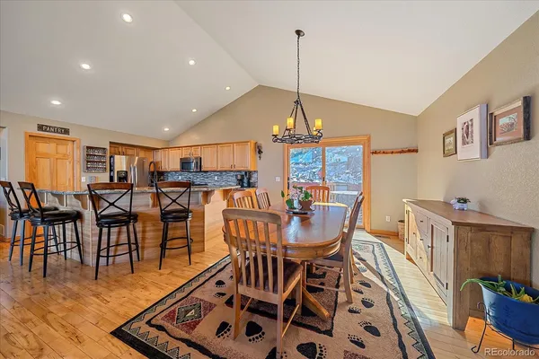 a view of a dining room with furniture