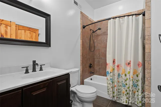 a bathroom with a sink a toilet and shower curtain